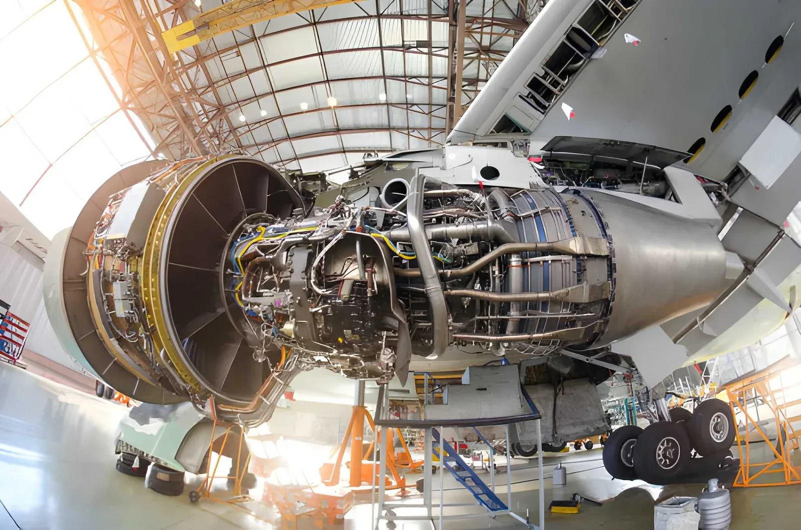 vliegtuigmotor in onderhoud in een hangar