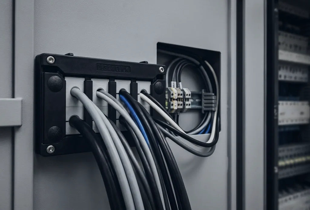 cables entering the control cabinet through a cable entry