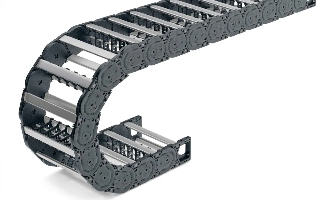 Dark grey cable carrier with silver-coloured crossbars, curved in an S shape on a grey background