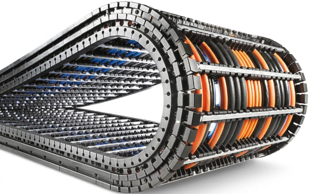 Detailed cable carrier with orange and black cables, partly transparent blue elements, on a grey background