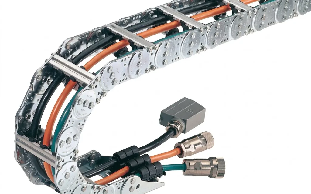 Metal cable carrier with various cables and connectors