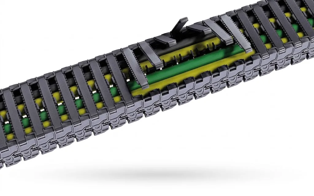 Detailed view of an open cable carrier with yellow, green and black cables inside