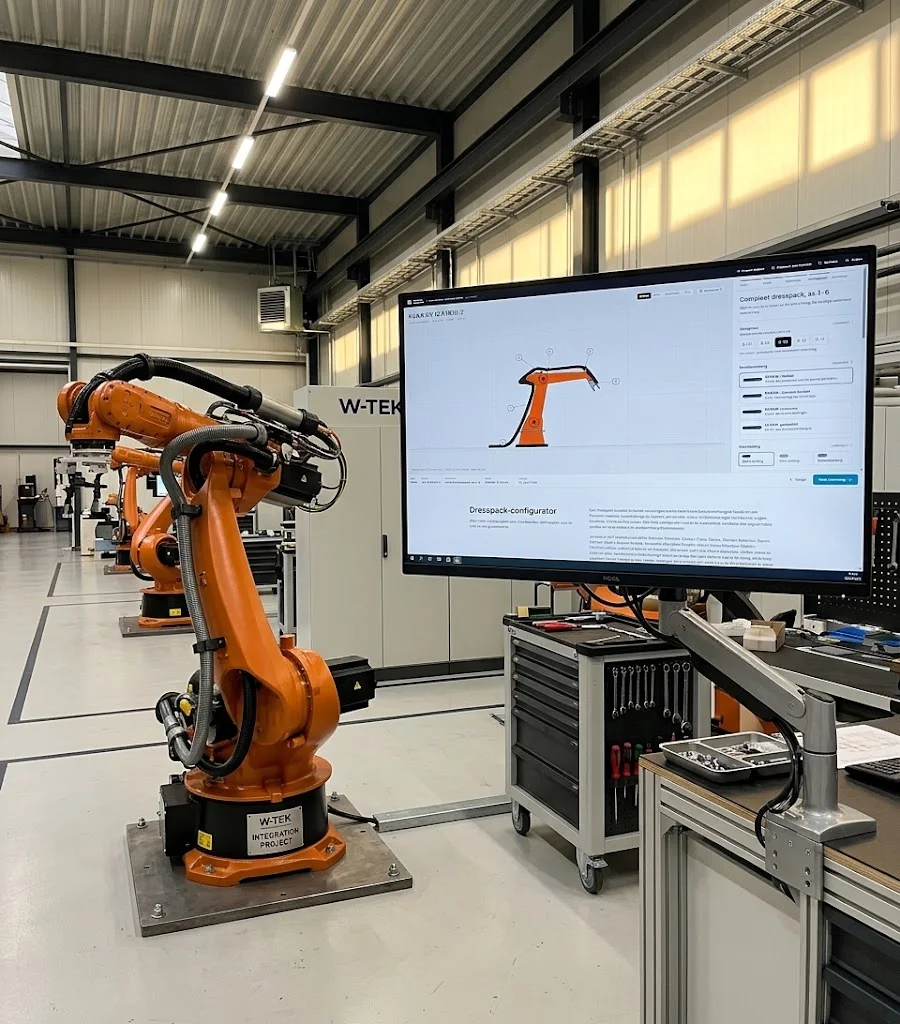 der Dresspack-Konfigurator neben einem Roboter in der Werkstatt